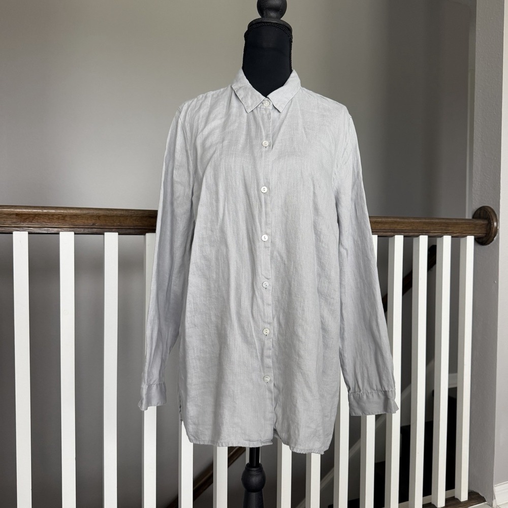 J Jill 100% Linen Essential Shirt Button Up Tunic Top Gray Large Minimalist